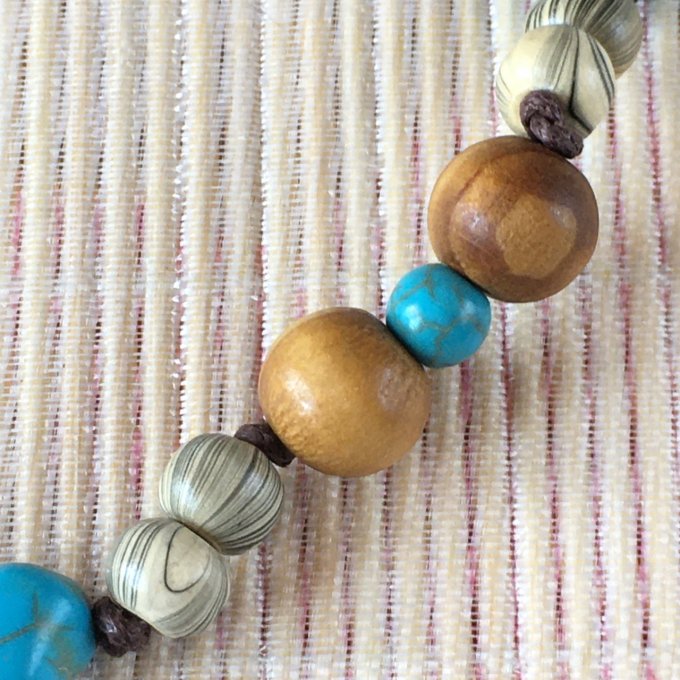 Bracelet macramé, perles bois et turquoise, 18cm