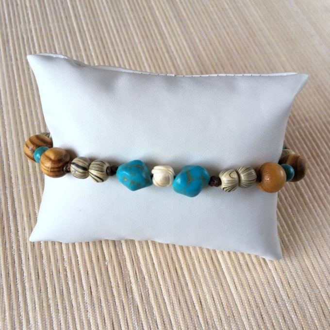 Bracelet macramé, perles bois et turquoise, 18cm