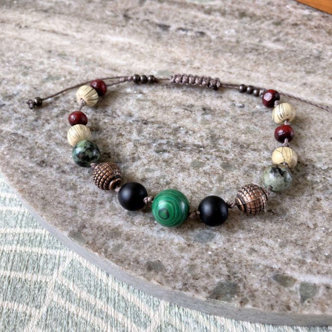 Bracelet Malachite, Tourmaline, Turquoise Africaine, Cuivre et Bois