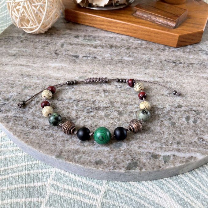 Bracelet Malachite, Tourmaline, Turquoise Africaine, Cuivre et Bois