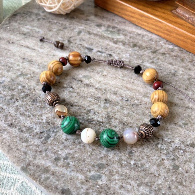 Bracelet Malachite, Agate, Cuivre et Bois 