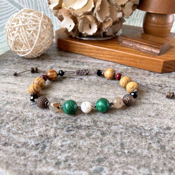 Bracelet Malachite, Agate, Cuivre et Bois 