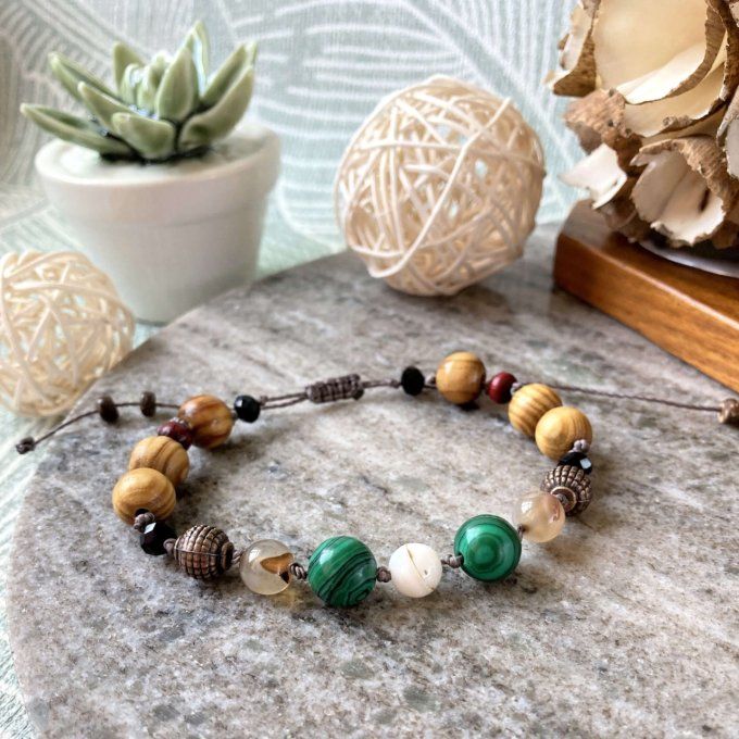 Bracelet Malachite, Agate, Cuivre et Bois 