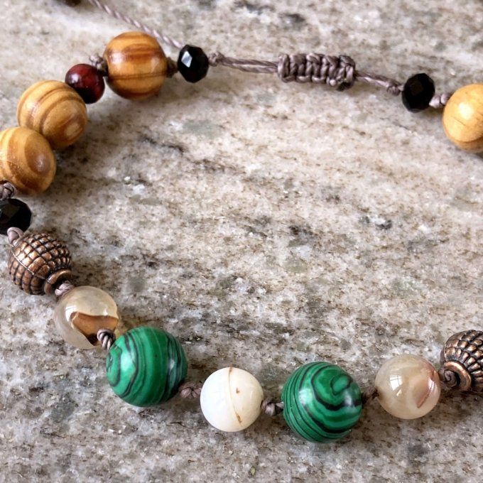 Bracelet Malachite, Agate, Cuivre et Bois 