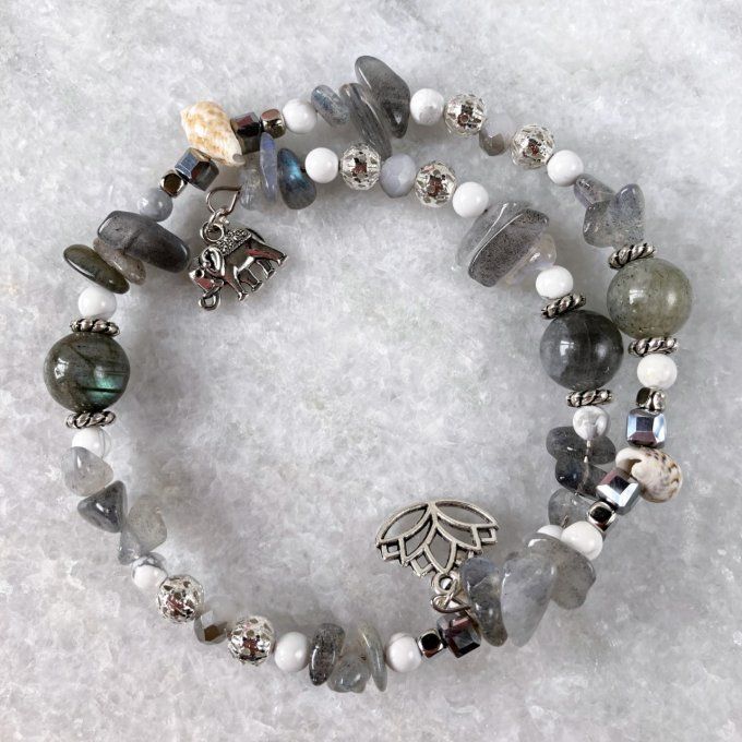 Bracelet Jonc en Labradorite, perles, coquillages, breloques lotus & éléphant 