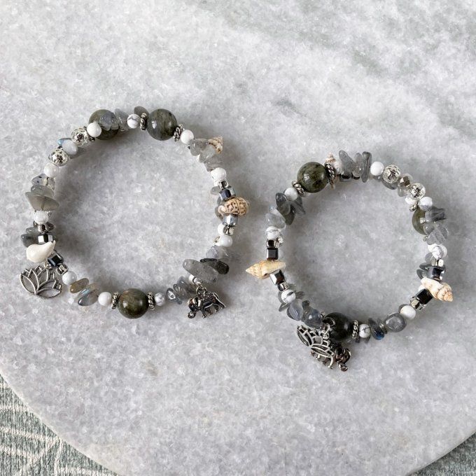 Bracelet Jonc en Labradorite, perles, coquillages, breloques lotus & éléphant 