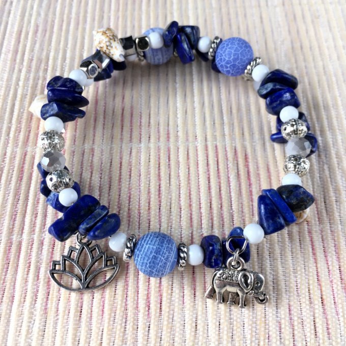 Bracelet Jonc en Lapis Lazuli, perles, coquillages, breloques lotus & éléphant