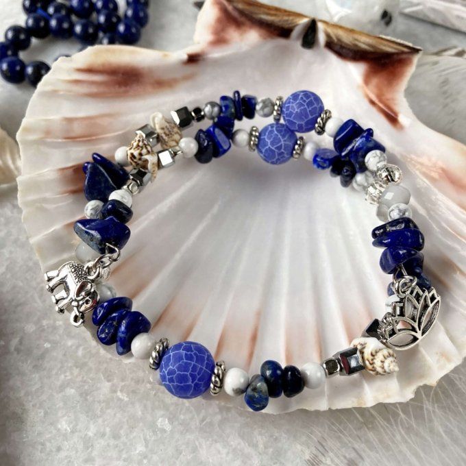 Bracelet Jonc en Lapis Lazuli, perles, coquillages, breloques lotus & éléphant