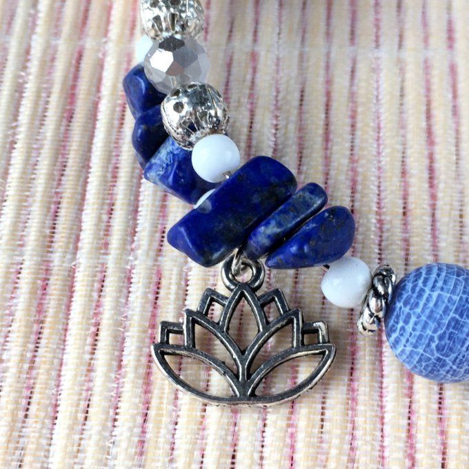 Bracelet Jonc en Lapis Lazuli, perles, coquillages, breloques lotus & éléphant