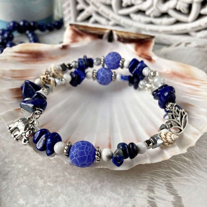 Bracelet Jonc en Lapis Lazuli, perles, coquillages, breloques lotus & éléphant