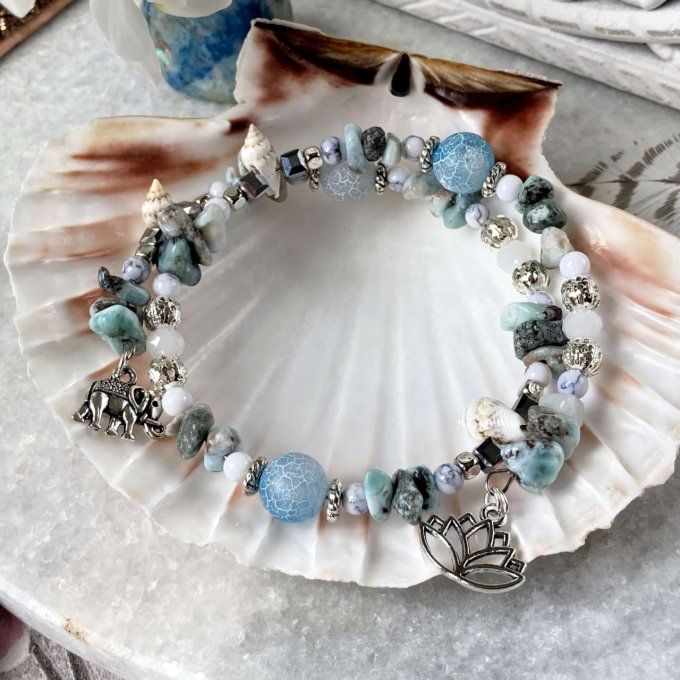 Bracelet Jonc en Larimar, perles, coquillages, breloques lotus & éléphant 