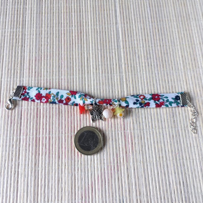 Bracelet 16cm, ruban fleuri blanc et multicolore, papillon