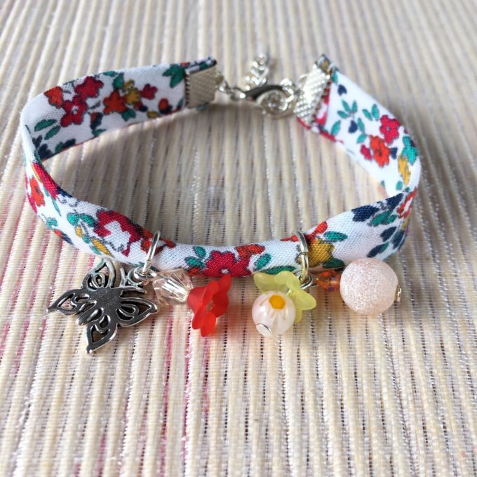 Bracelet 16cm, ruban fleuri blanc et multicolore, papillon