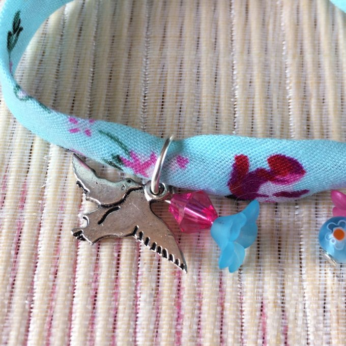 Bracelet 16cm, ruban fleuri bleu vif et rose, 2 oiseaux