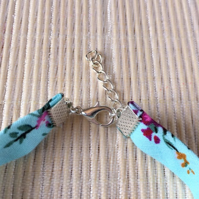 Bracelet 16cm, ruban fleuri bleu vif et rose, 2 oiseaux