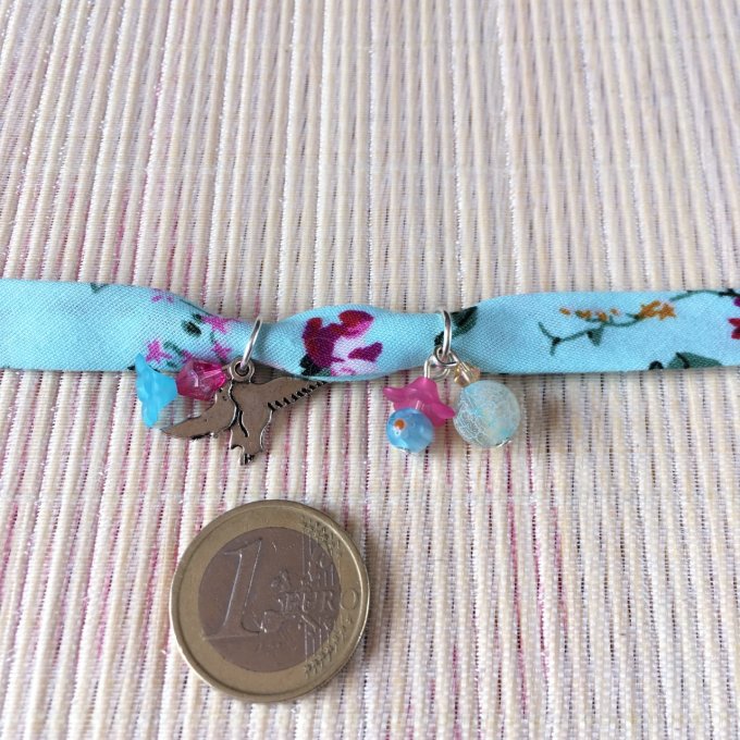 Bracelet 16cm, ruban fleuri bleu vif et rose, 2 oiseaux