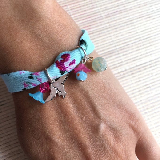 Bracelet 16cm, ruban fleuri bleu vif et rose, 2 oiseaux