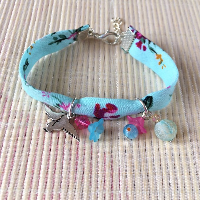 Bracelet 16cm, ruban fleuri bleu vif et rose, 2 oiseaux