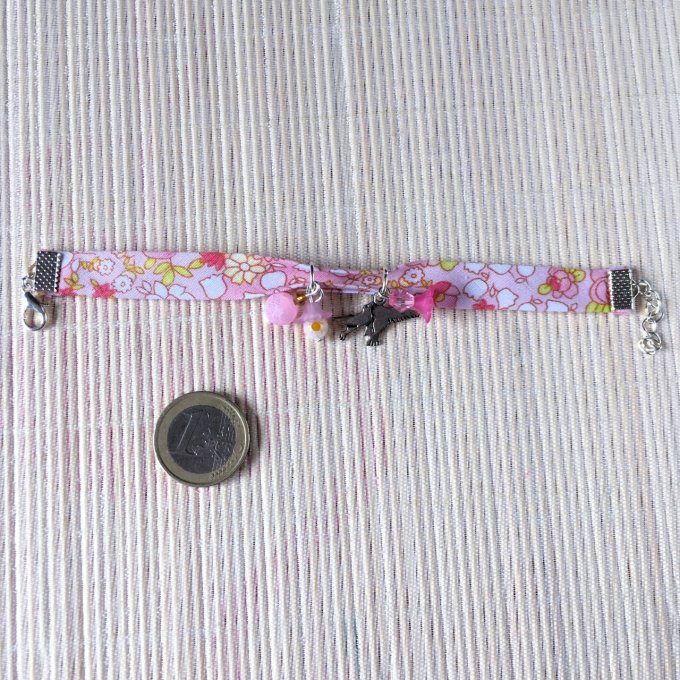 Bracelet 16cm, ruban fleuri rose doux et blanc, couple oiseaux