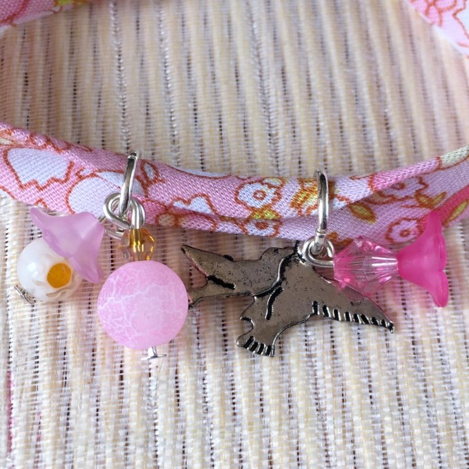 Bracelet 16cm, ruban fleuri rose doux et blanc, couple oiseaux