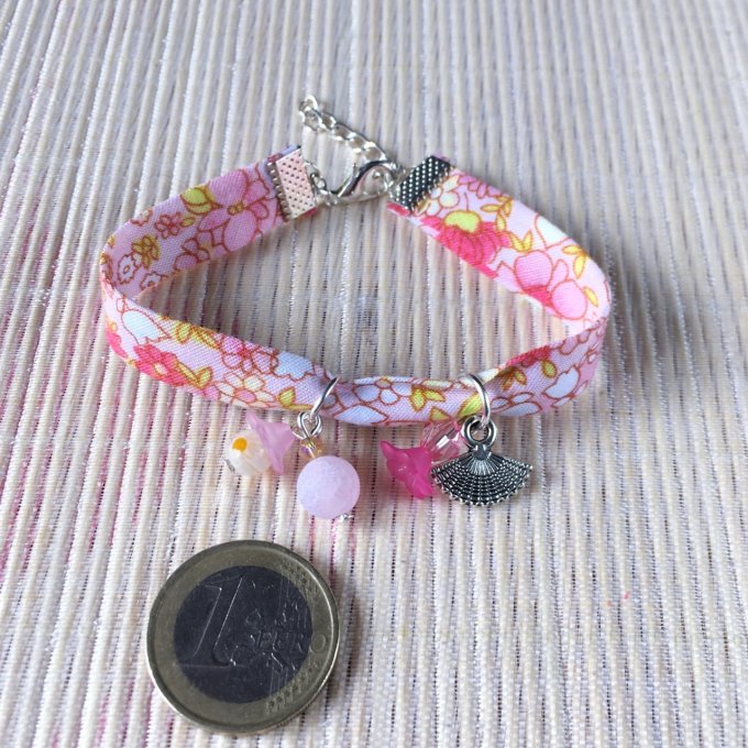 Bracelet 18cm, ruban fleuri rose doux et blanc, éventail