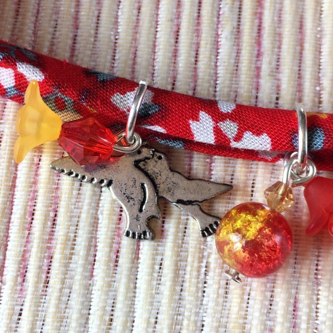 Bracelet 19cm, ruban fleuri rouge et blanc, couple oiseaux