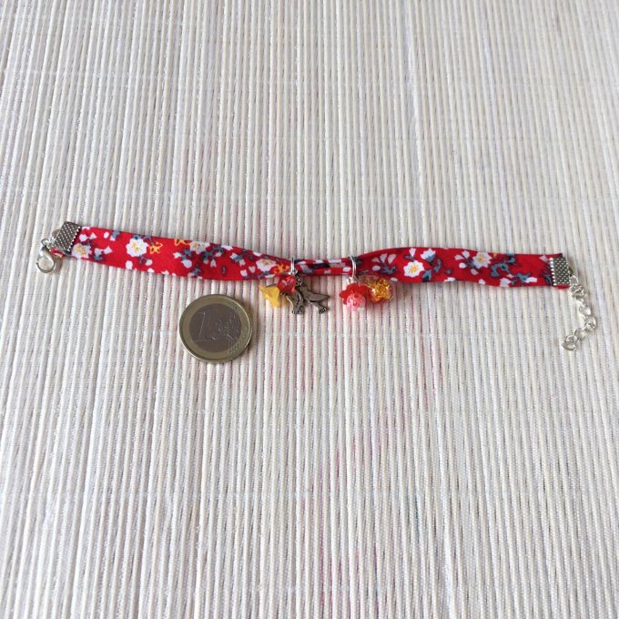 Bracelet 19cm, ruban fleuri rouge et blanc, couple oiseaux