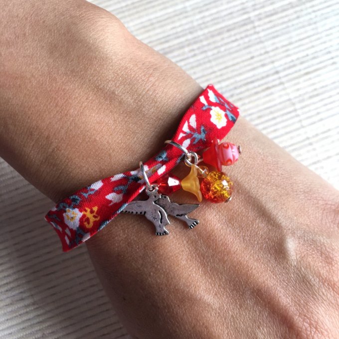 Bracelet 19cm, ruban fleuri rouge et blanc, couple oiseaux