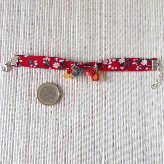 Bracelet 16cm, ruban fleuri rouge et blanc, éventail