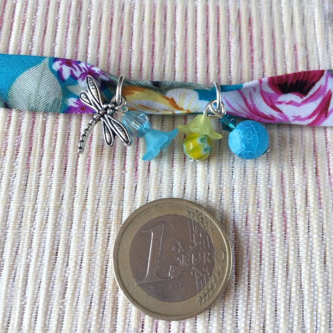Bracelet 19cm, ruban fleuri turquoise et rose, libellule