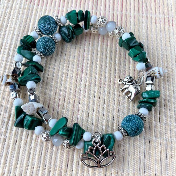 Bracelet Jonc en Malachite, perles, coquillages, breloques lotus & éléphant