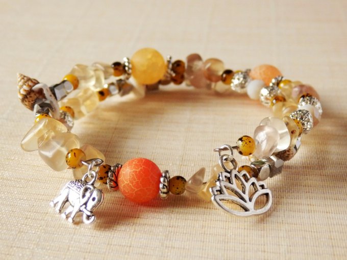 Bracelet Jonc en Fluorite Orange, perles, coquillages