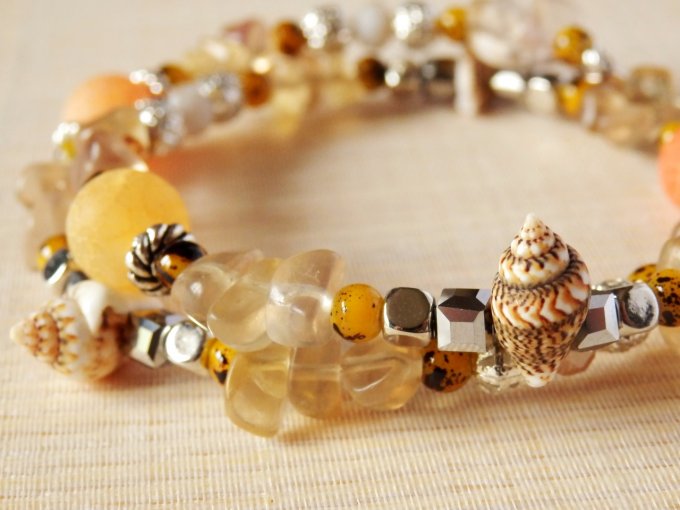 Bracelet Jonc en Fluorite Orange, perles, coquillages