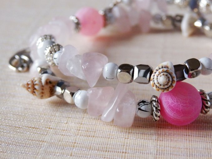 Bracelet Jonc en Quartz Rose, perles, coquillages, breloques lotus & éléphant