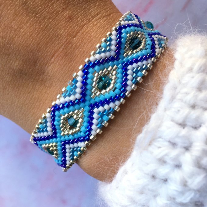 Bracelet tissé en perles Miyuki bleu et argenté