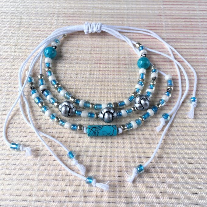 Bracelet triple rang, bleu turquoise et blanc