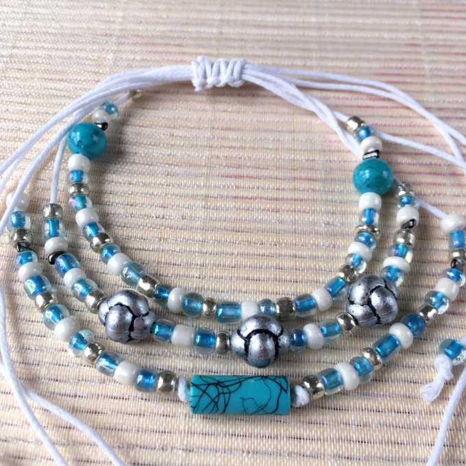 Bracelet triple rang, bleu turquoise et blanc