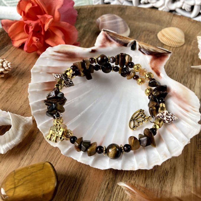 Bracelet Jonc en Œil de Tigre, perles, coquillages, breloques lotus & éléphant