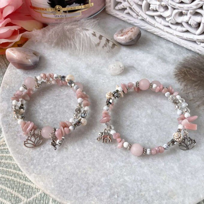 Bracelet Jonc en Opale Rose, perles, coquillages, breloques lotus & éléphant 