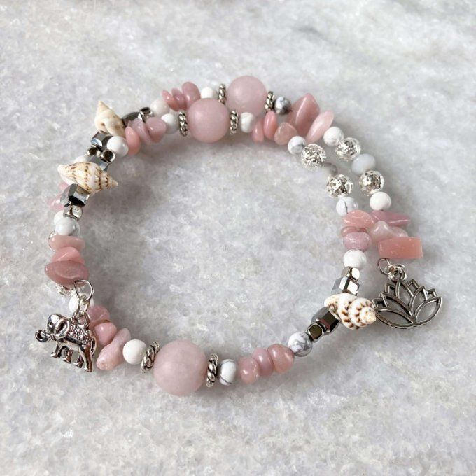 Bracelet Jonc en Opale Rose, perles, coquillages, breloques lotus & éléphant 