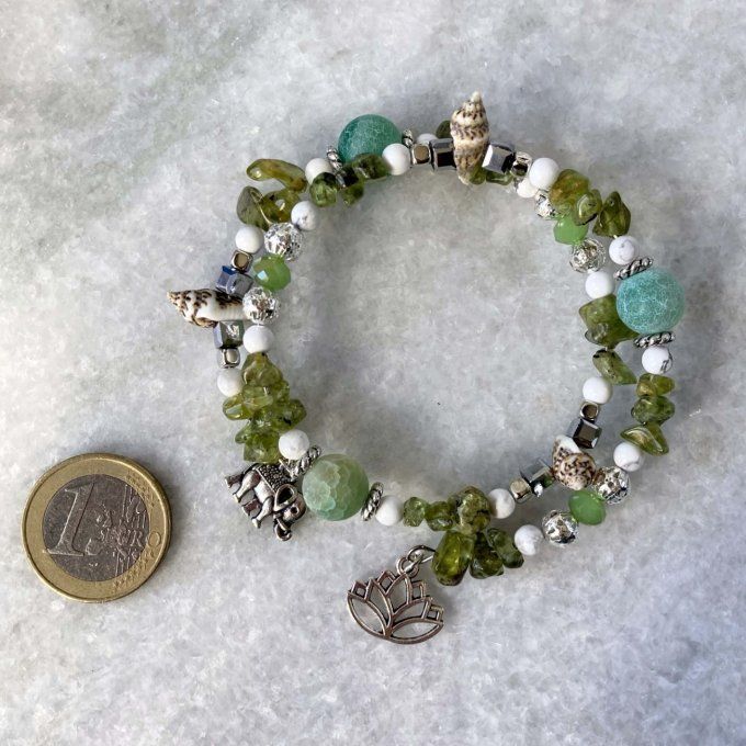 Bracelet Jonc en Péridot, perles, coquillages, breloques lotus & éléphant