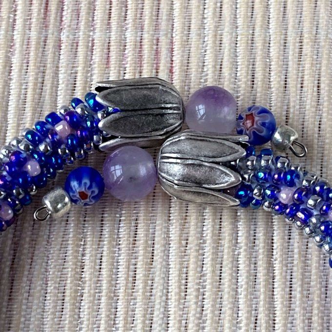 Bracelet jonc en perles de rocailles bleu, rose & argenté 