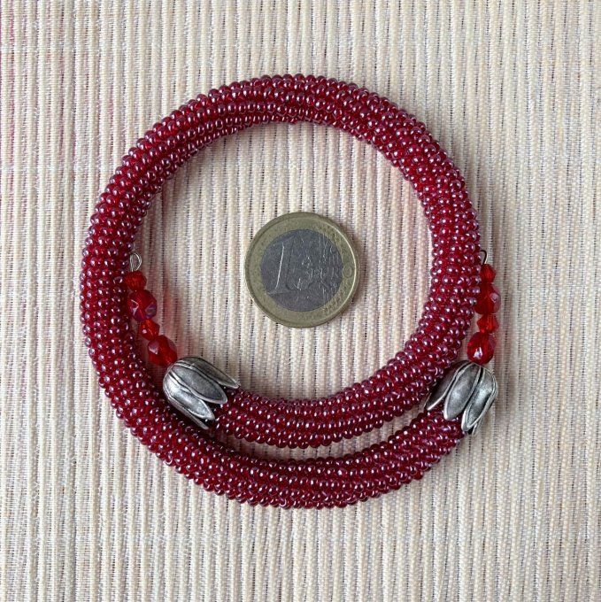 Bracelet jonc en perles de rocailles rouge bordeaux, double tour 