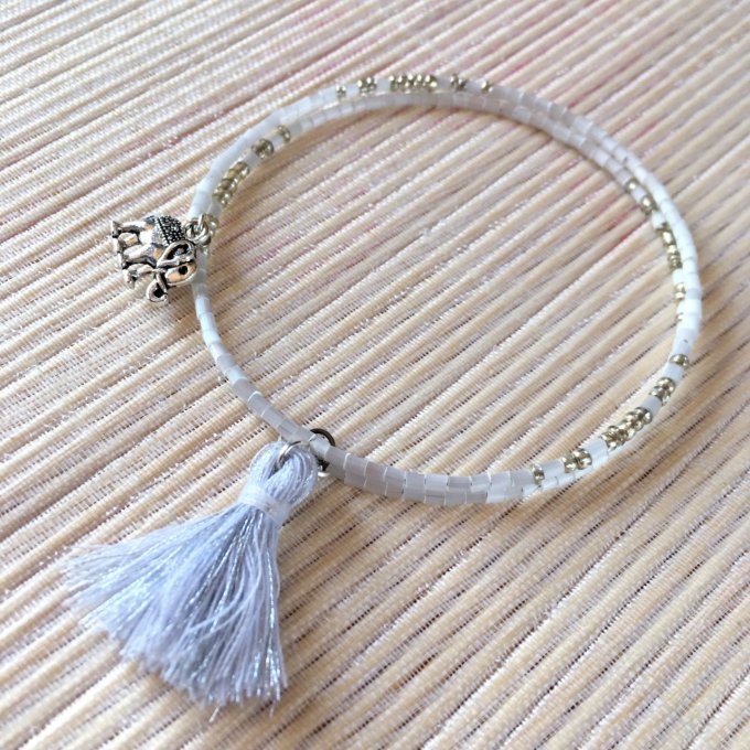 Bracelet circulaire en perles de rocailles blanc et argent, éléphant