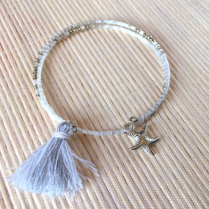 Bracelet circulaire en perles de rocailles blanc et argent, étoile de mer