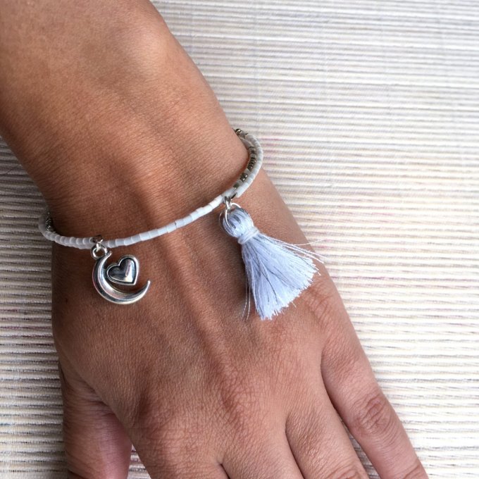 Bracelet circulaire en perles de rocailles blanc et argent, lune & cœur