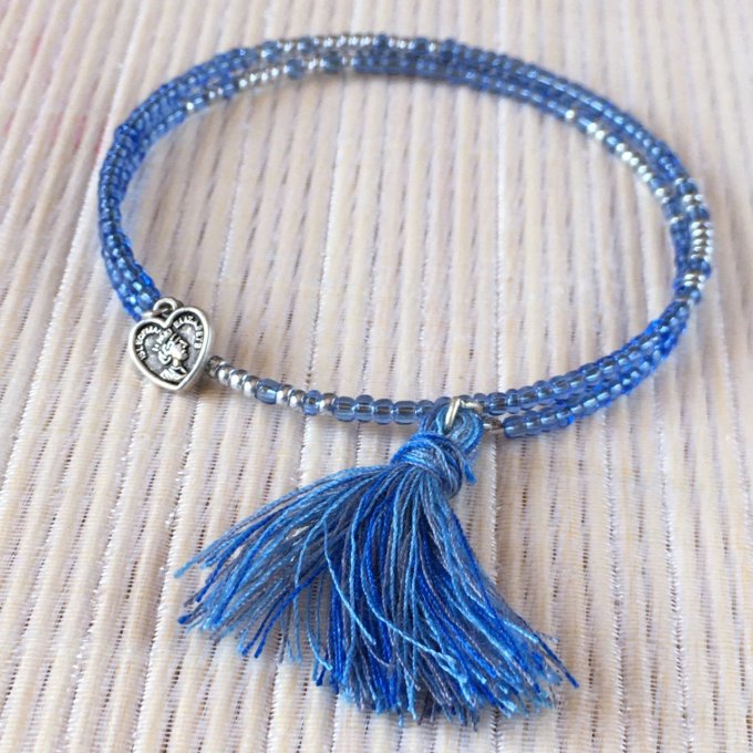 Bracelet circulaire en perles de rocailles bleu et argent, cœur