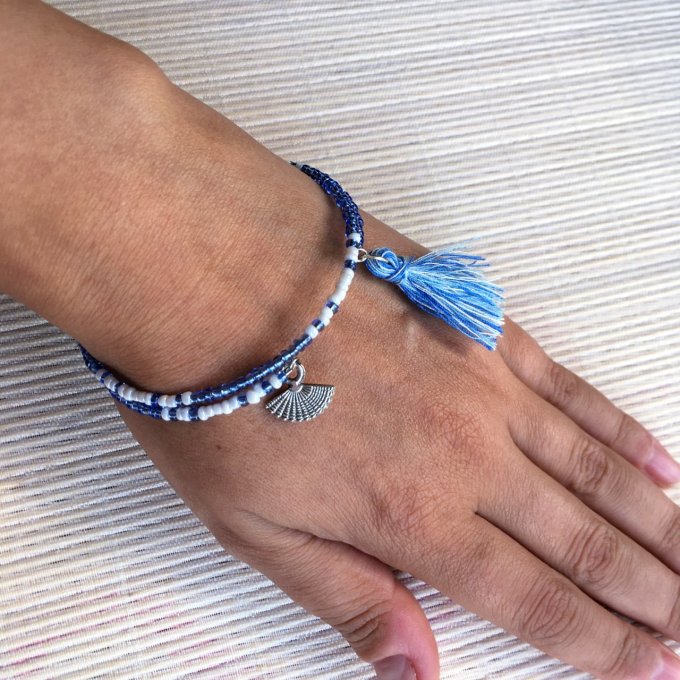 Bracelet circulaire en perles de rocailles bleu et blanc, éventail