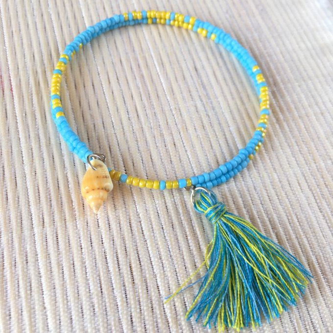 Bracelet circulaire en perles de rocailles turquoise et jaune, coquillage