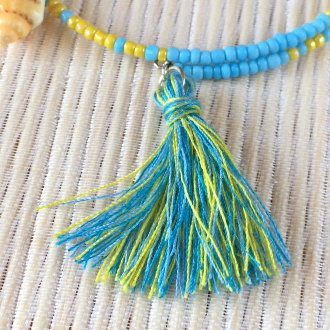 Bracelet circulaire en perles de rocailles turquoise et jaune, coquillage